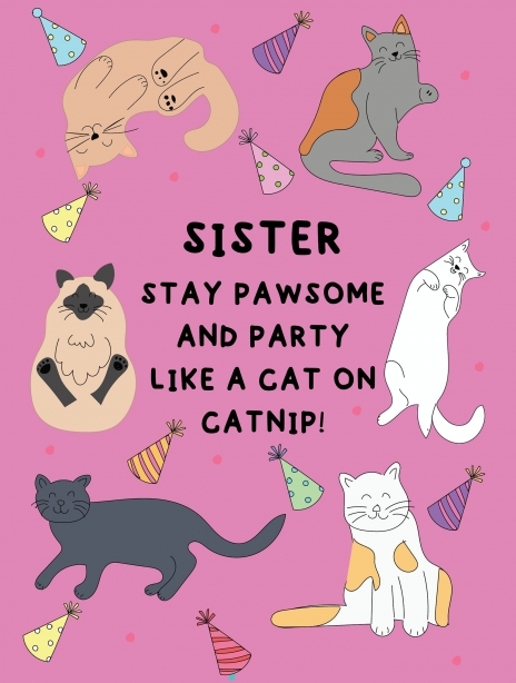 Pawsome Cat Party Birthday Card Sister